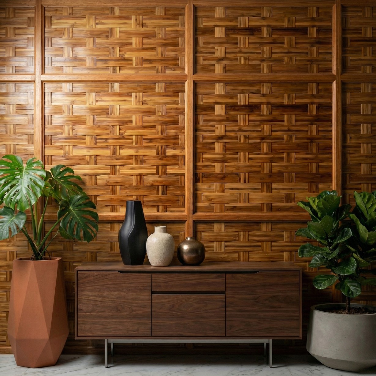 Carbonised bamboo woven feature wall behind a walnut sideboard, ceramics and plants