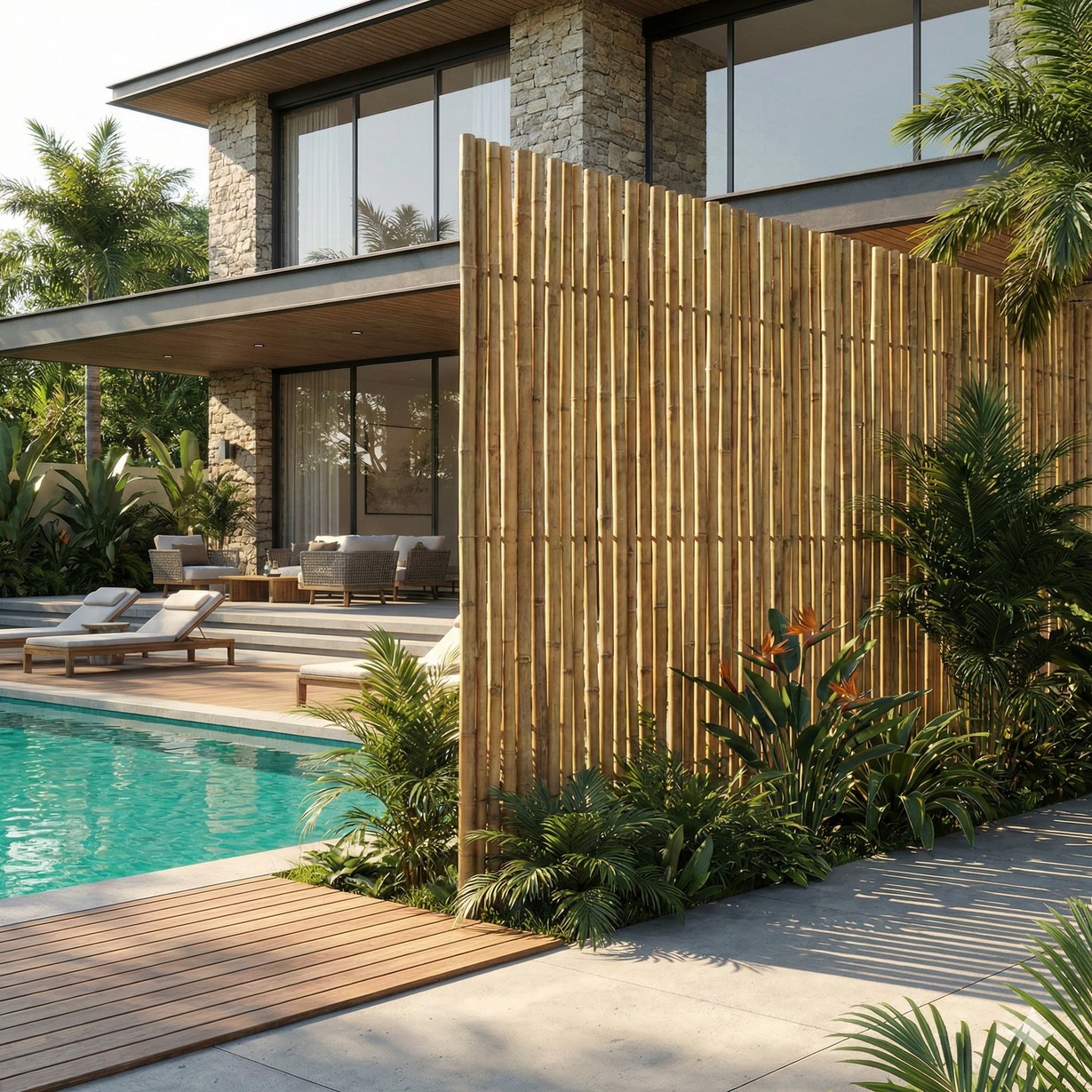 Bamboo poolside privacy screen at a contemporary residence