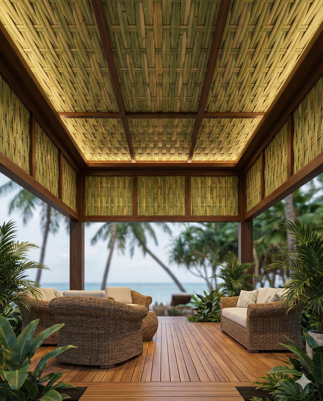 Bamboo woven ceiling and panelled walls in a coastal pavilion, opening to ocean and palms